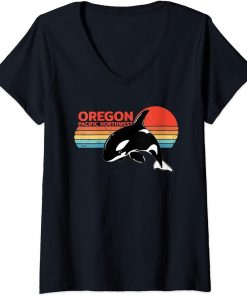 Womens Oregon Orca Killer Whale Retro Vintage 80s V-Neck T-Shirt