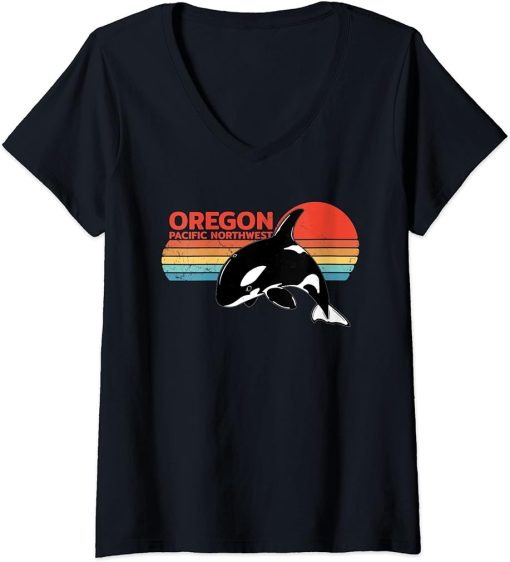 Womens Oregon Orca Killer Whale Retro Vintage 80s V-Neck T-Shirt