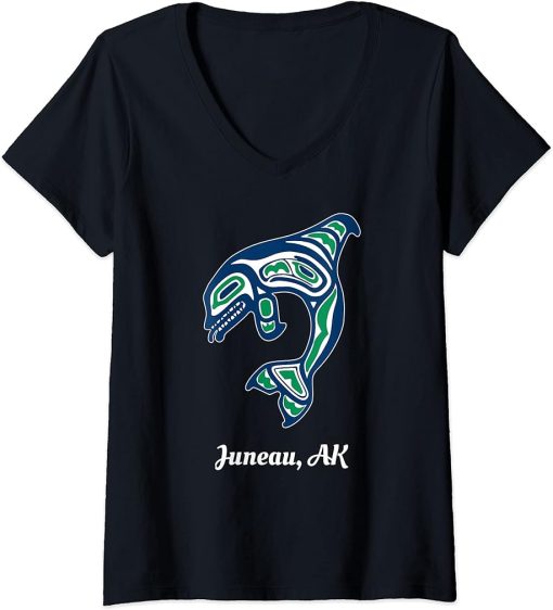 Womens Blue Green Native American Juneau AK Orca Killer Whale V-Neck T-Shirt