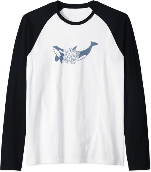 Boho Floral Cute Orca Killer Whale Flower Ocean Nature Lover Raglan Baseball Tee