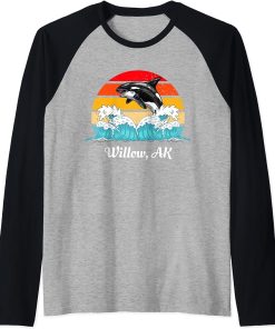 Vintage Willow AK Distressed Orca Killer Whale Art Raglan Baseball Tee