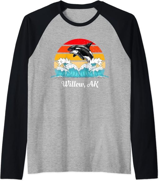 Vintage Willow AK Distressed Orca Killer Whale Art Raglan Baseball Tee