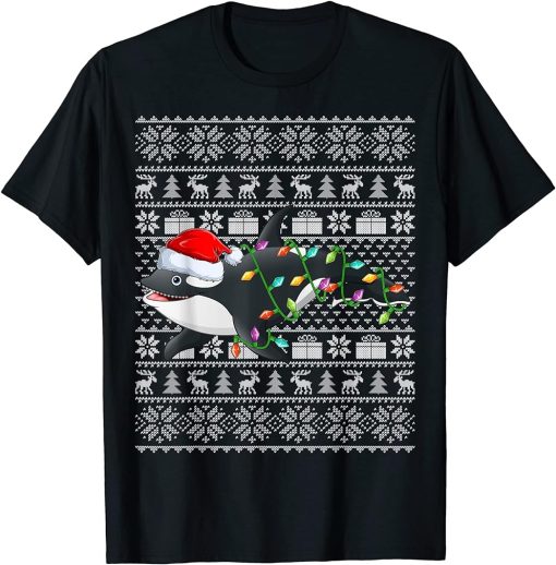 Ugly Sweater Style Xmas Lights Santa Orca Christmas T-Shirt