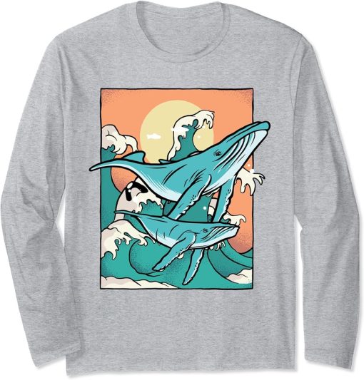 Humpback Whale With Moon Art Aquatic Mammal Whale Watching Long Sleeve T-Shirt